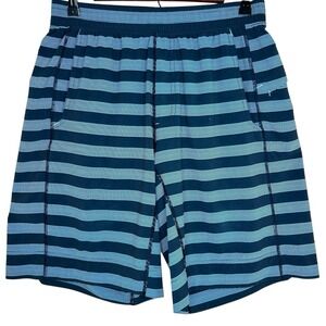 Lululemon Athletic Shorts Mens Medium Teal Blue Striped Drawstring Pockets Gym